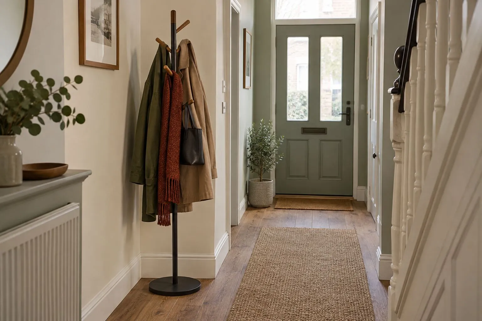 Slim freestanding coat rack holding coats in a narrow UK hallway