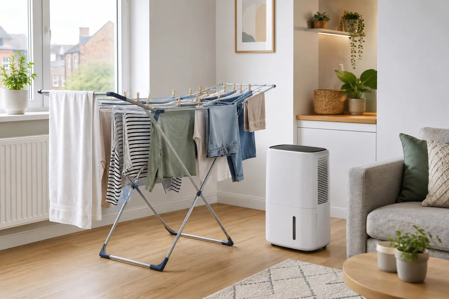 Dehumidifier beside a clothes airer drying laundry in a small UK flat