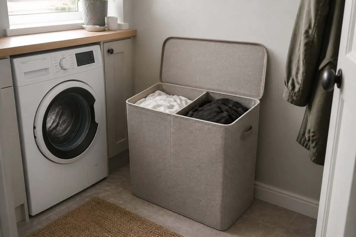 Two-compartment laundry basket sorting light and dark clothes beside a washing machine