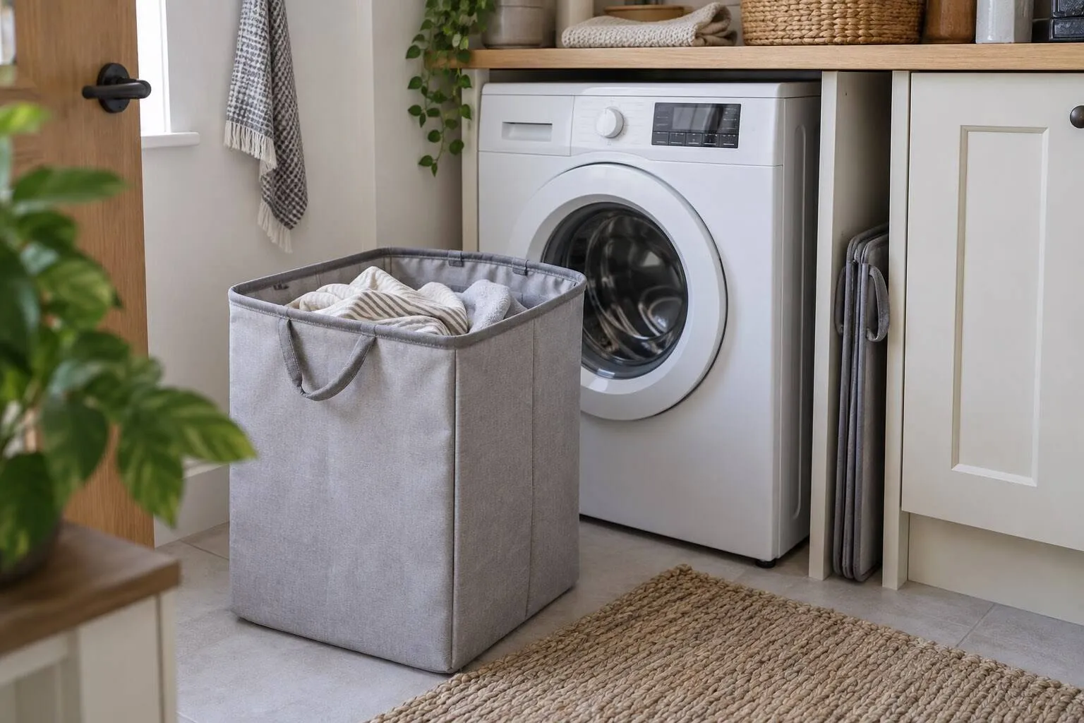 Foldable laundry basket beside a washing machine in a compact UK utility corner