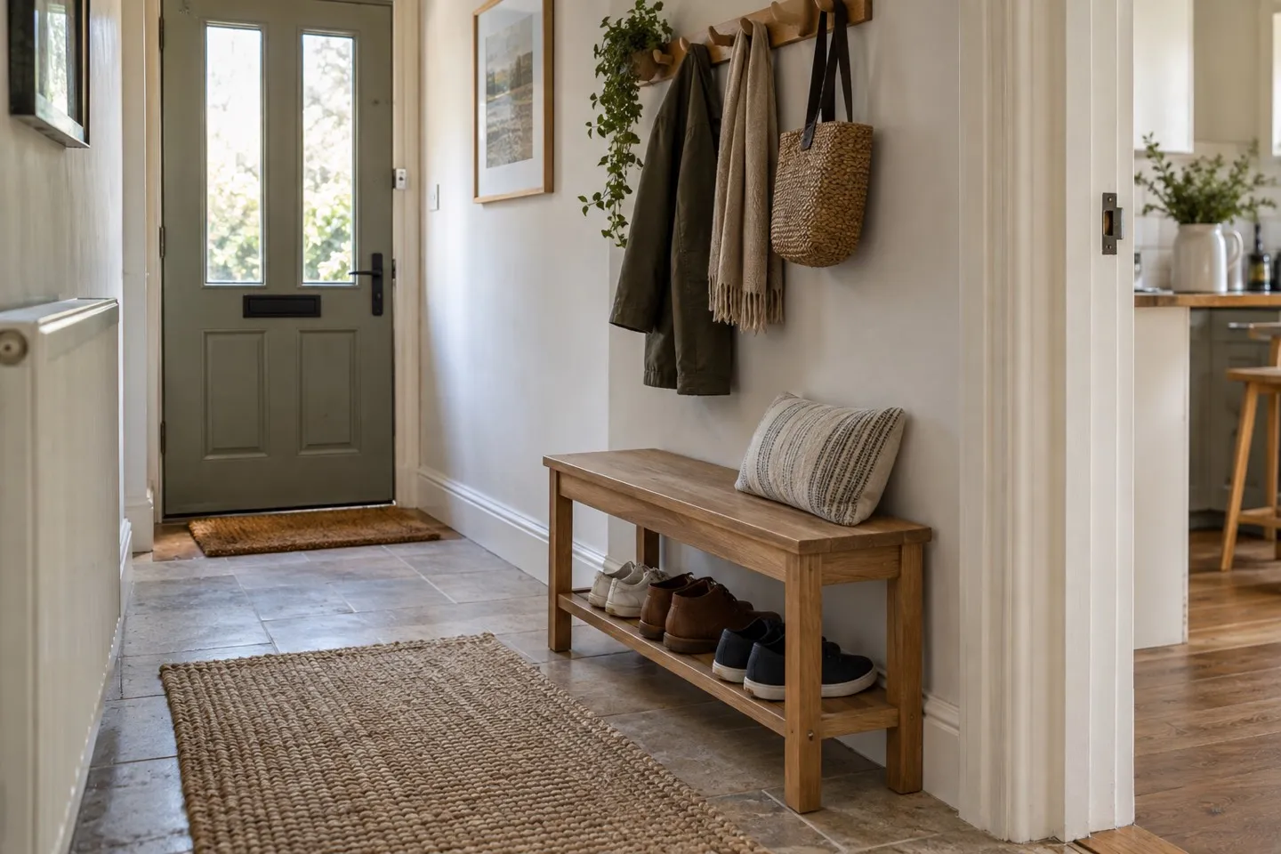 Narrow wooden shoe storage bench in a compact UK hallway
