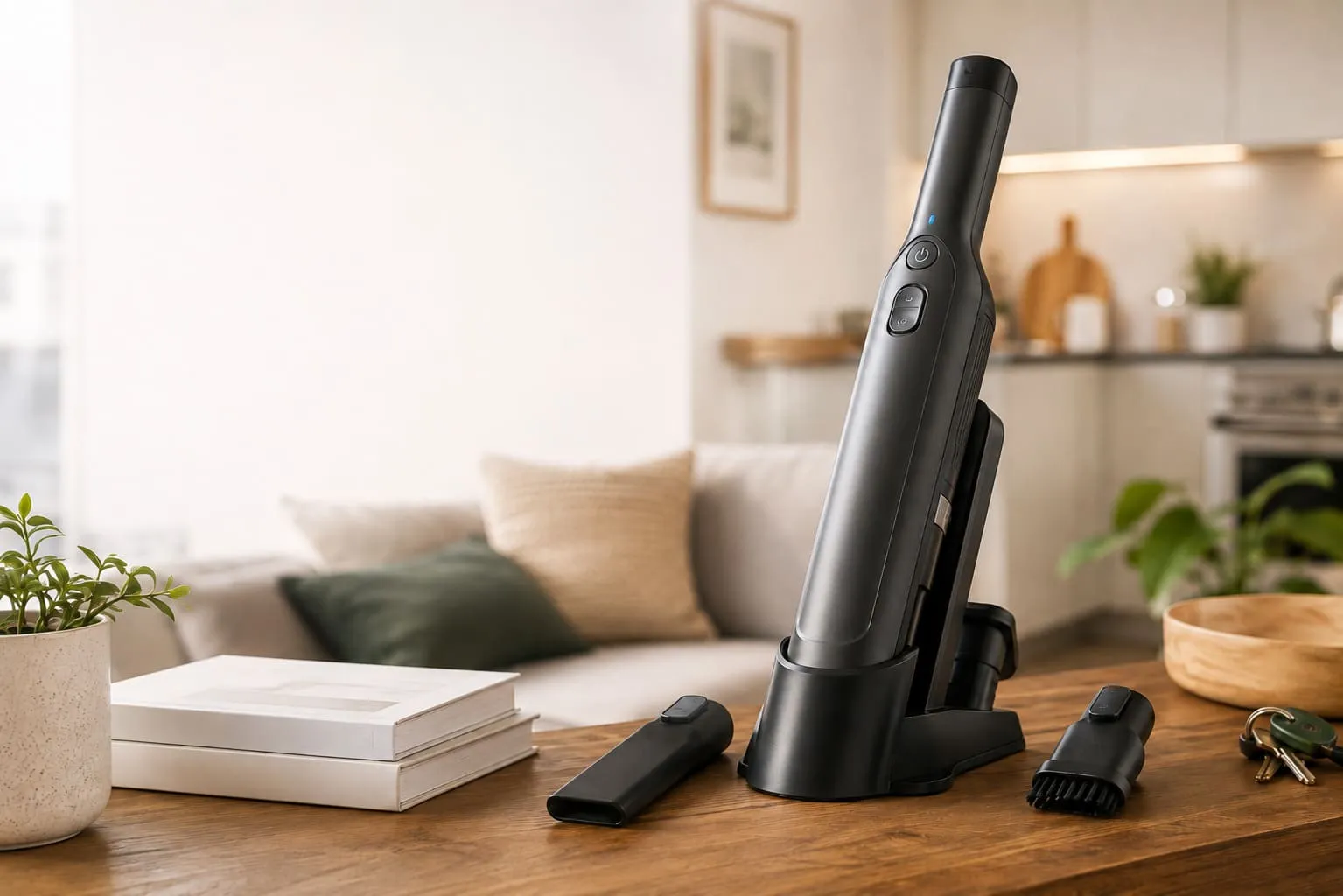 Handheld vacuum stored on a charging base in a small flat