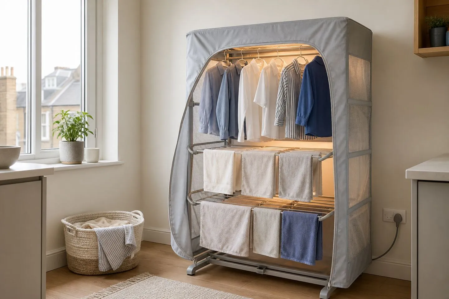 Vented grey cover fitted over a three-tier heated clothes airer in a compact UK flat