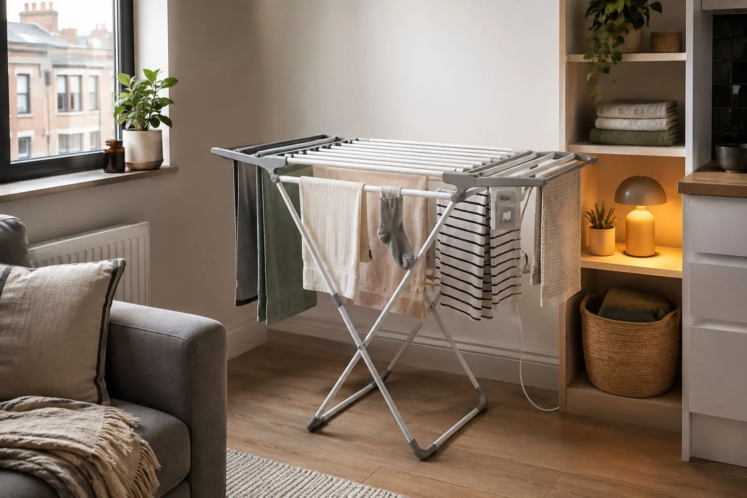 Compact heated clothes airer drying laundry in a small UK flat