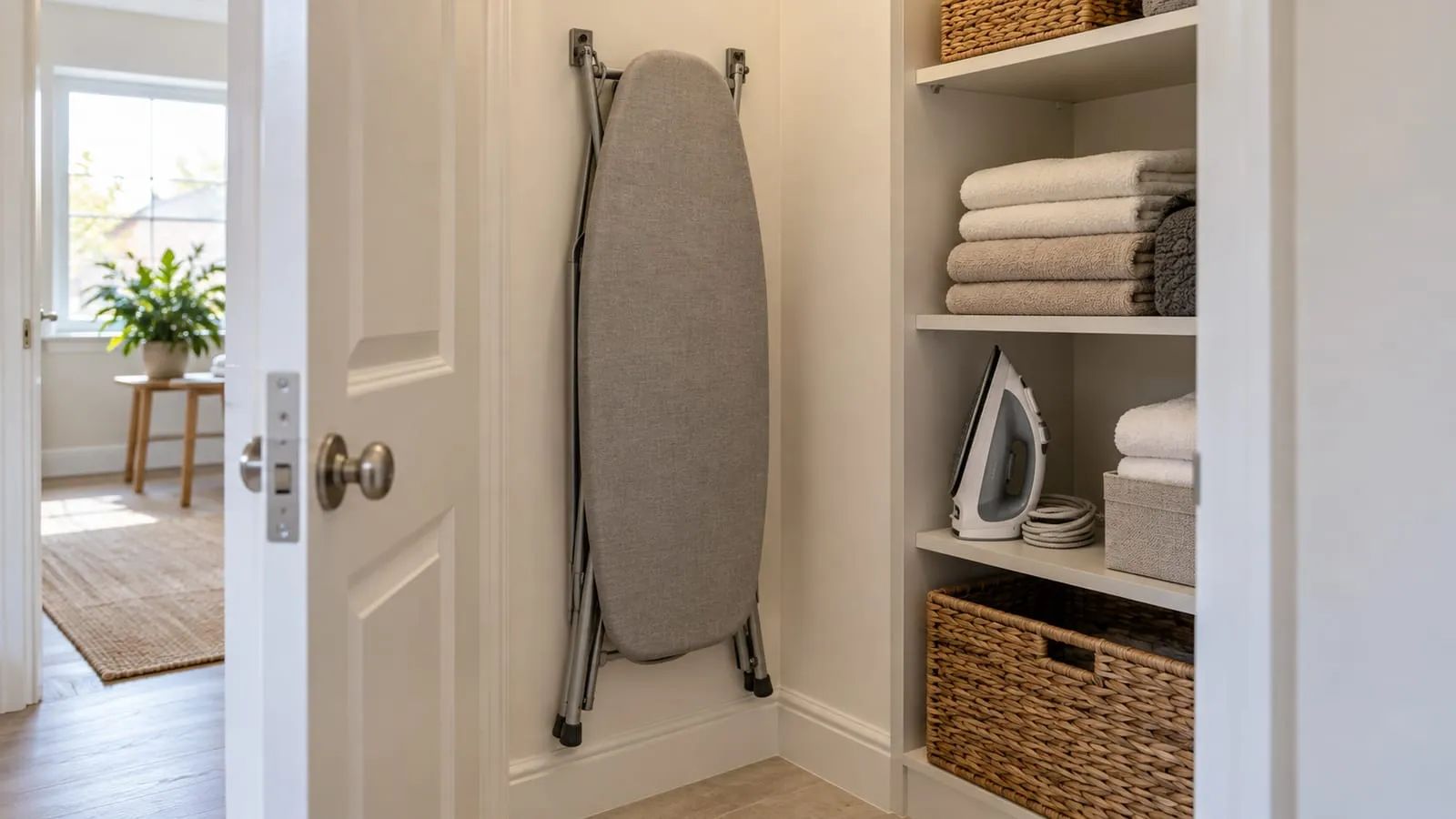 Folded grey ironing board stored upright on wall brackets beside a shelf holding an unplugged iron and folded towels in a compact home