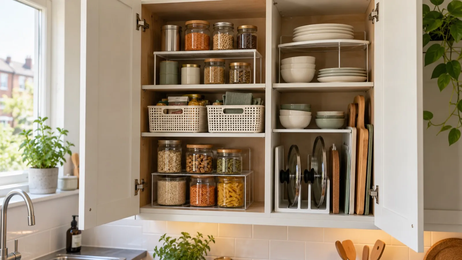 Shelf risers, baskets and dividers organising a compact kitchen cupboard