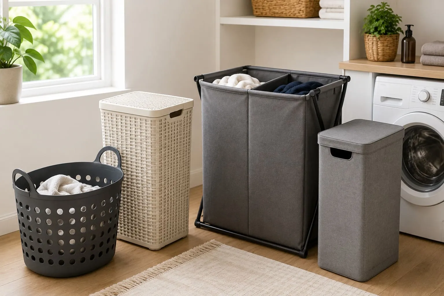 Slim laundry baskets arranged in a compact UK utility space