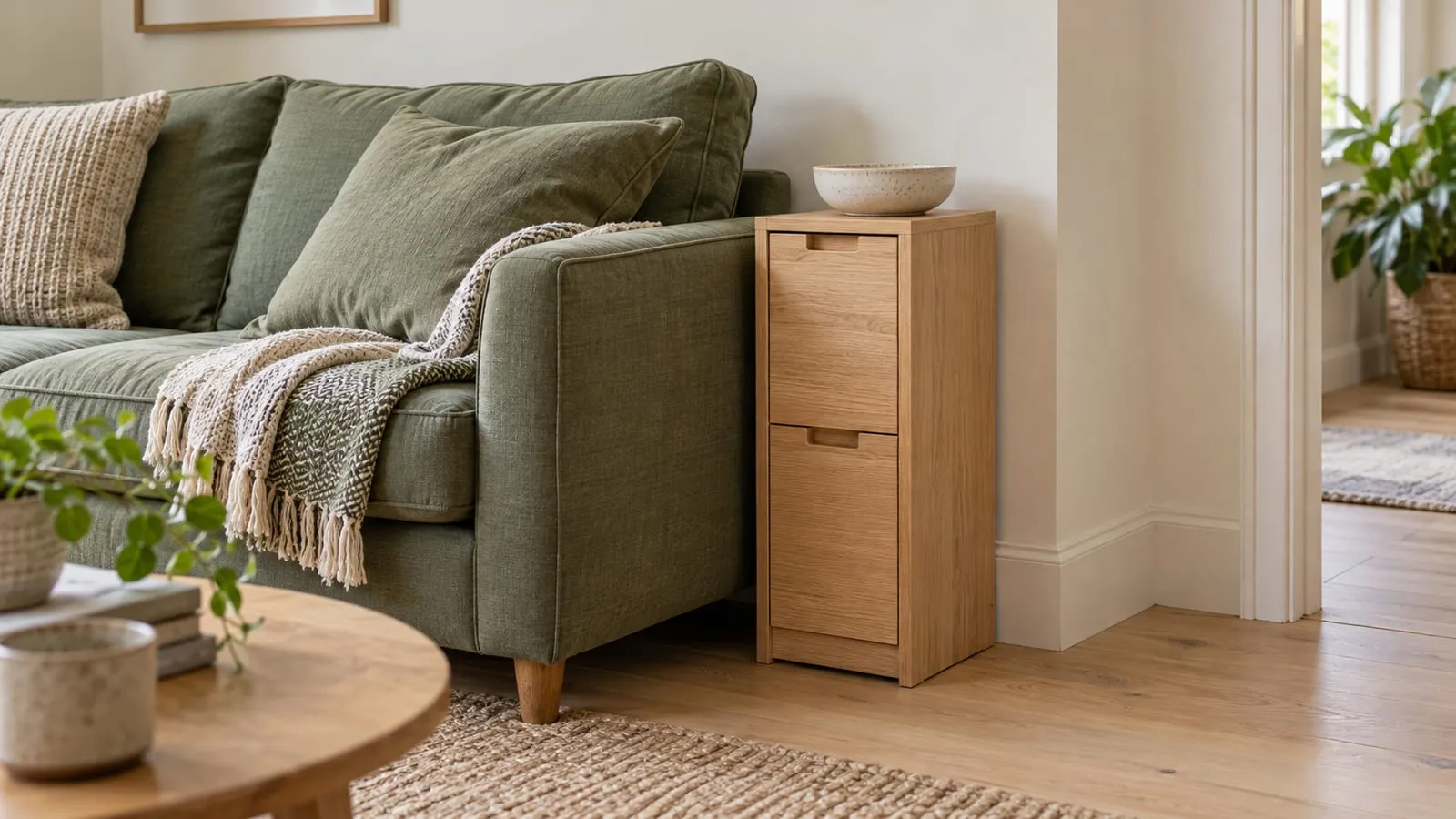 A narrow light oak drawer cabinet beside a sage green sofa in a compact living room lit by natural daylight