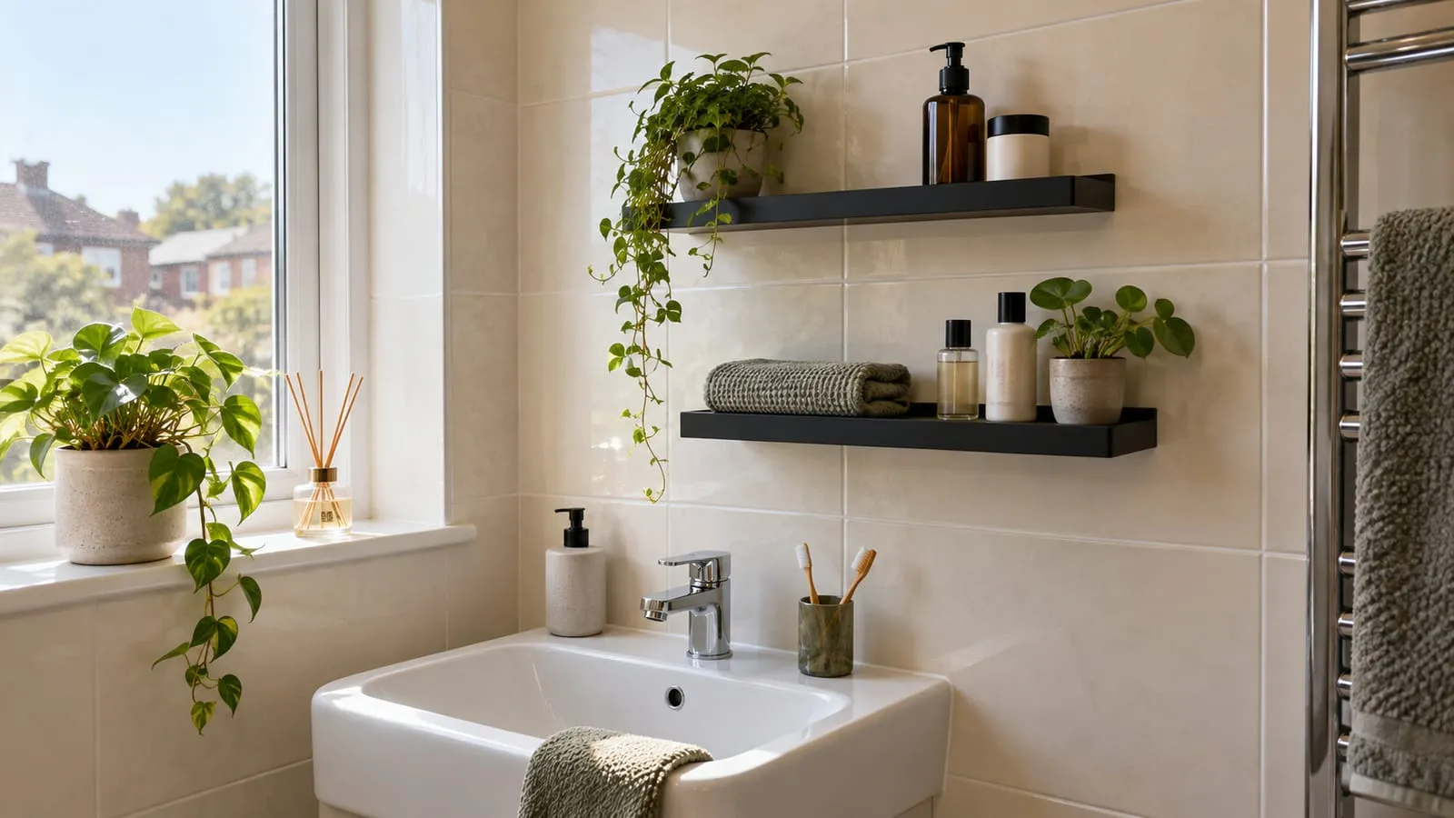 Two unbranded black ledge shelves with plain toiletries above a small basin on cream tiles in a naturally lit compact bathroom