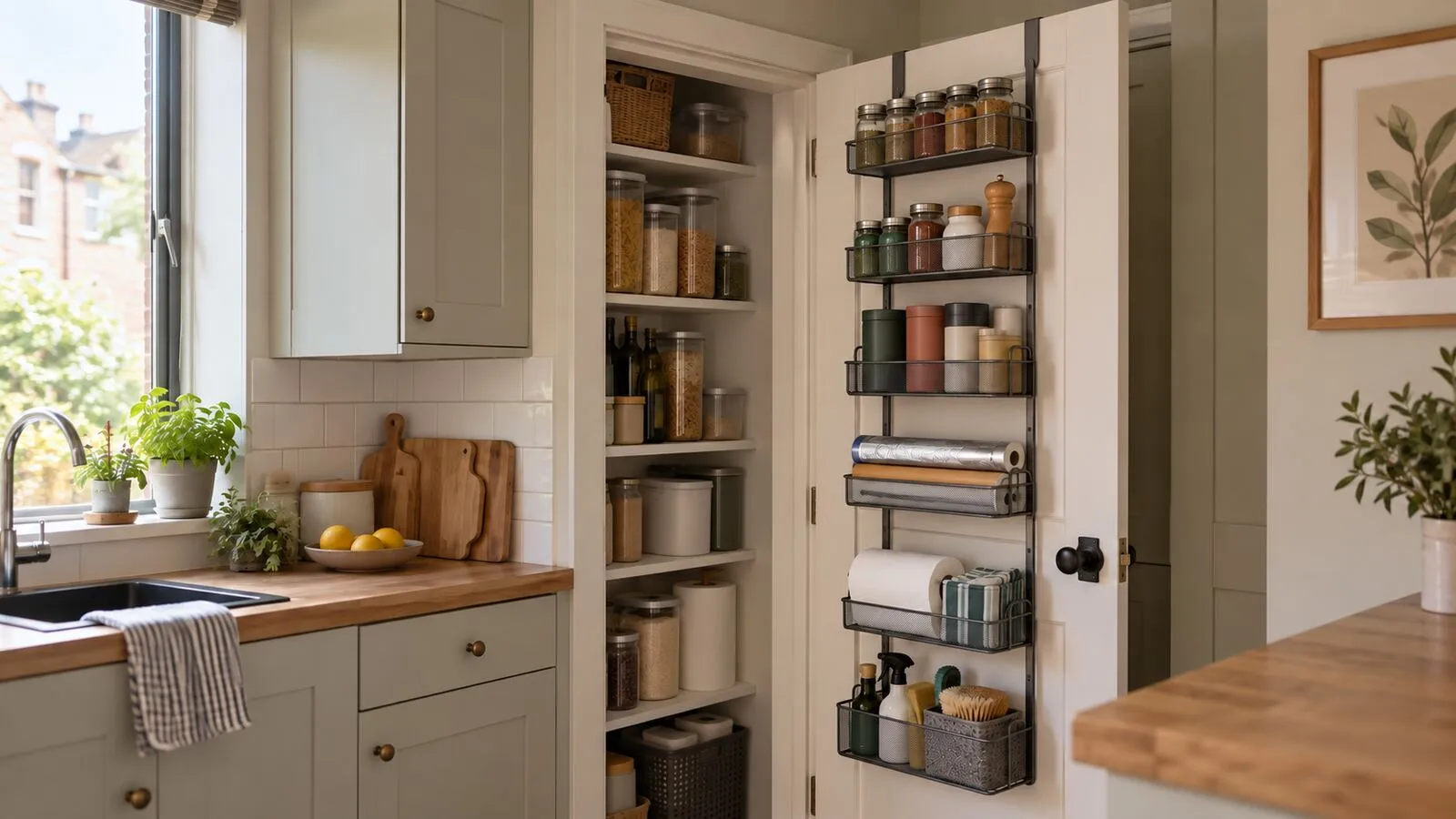 Unbranded over-door storage baskets on an open pantry door in a compact kitchen