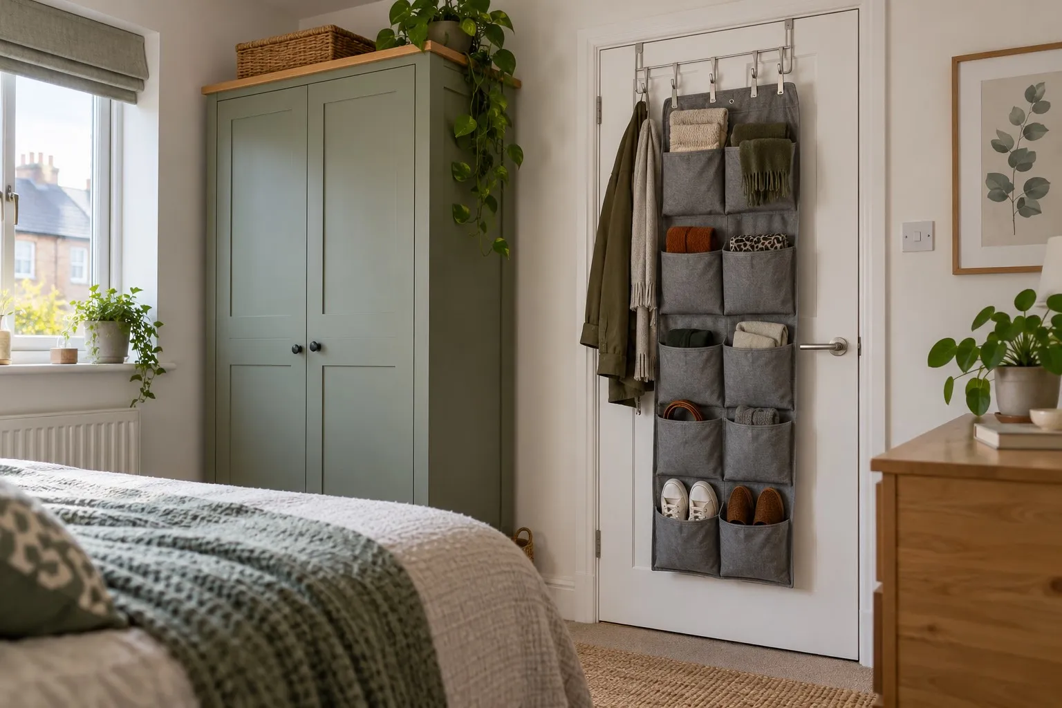 Fabric over-door storage organiser on a bedroom door in a compact UK home