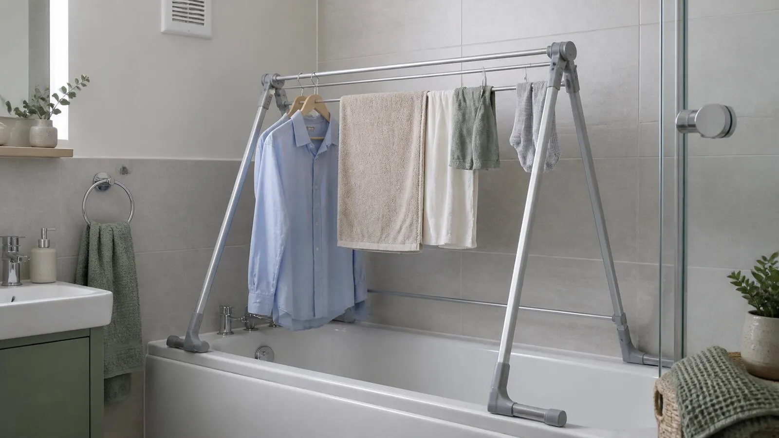 Foldable over-bath clothes airer drying laundry above a bath in a small bathroom