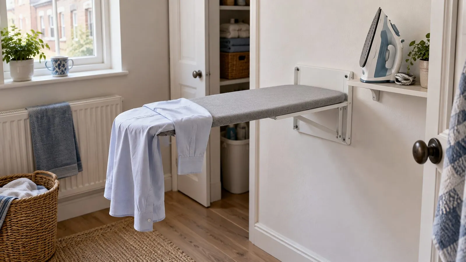 Fold-down wall-mounted ironing board in a compact UK utility nook