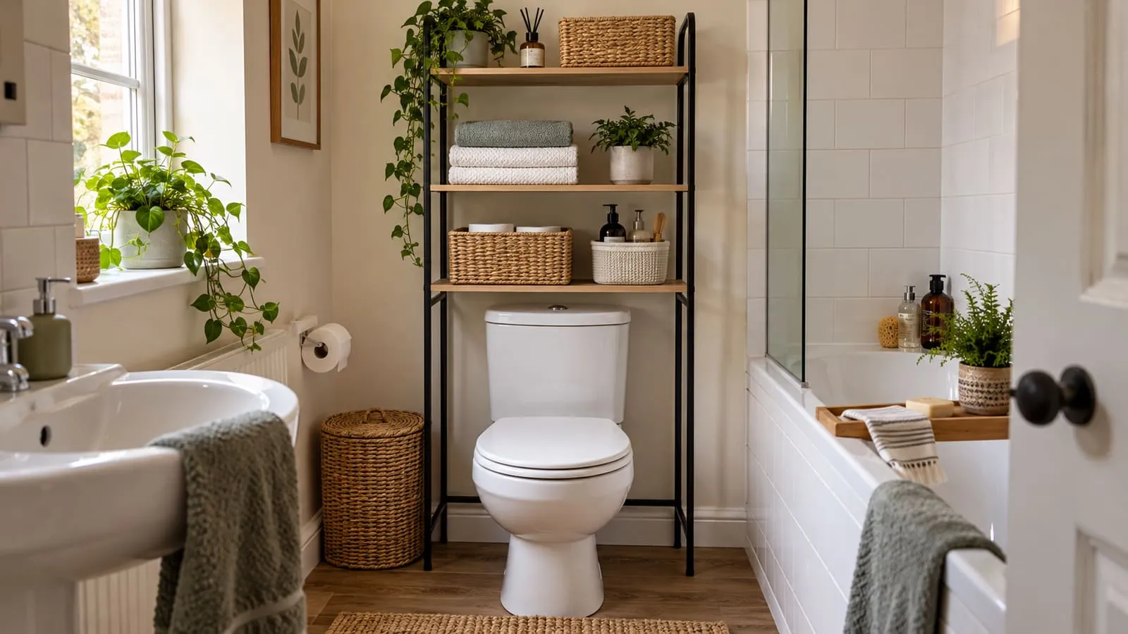 Unbranded open shelves with baskets and folded towels above a toilet in a compact bathroom