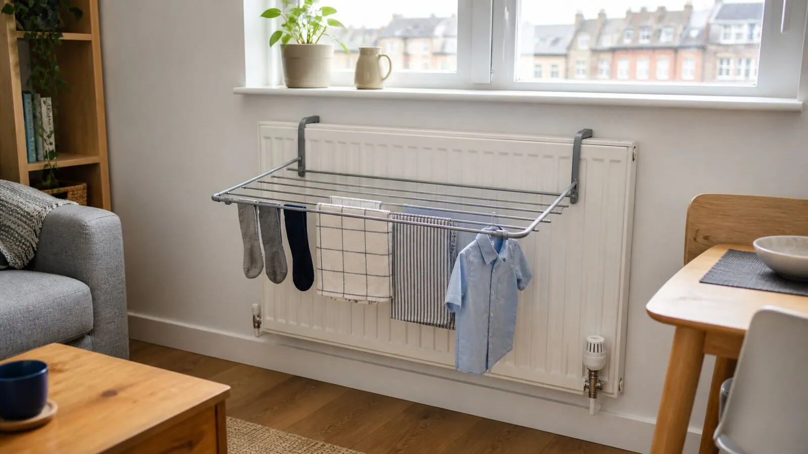 Compact metal radiator clothes airer holding a small, well-spaced load in a UK flat