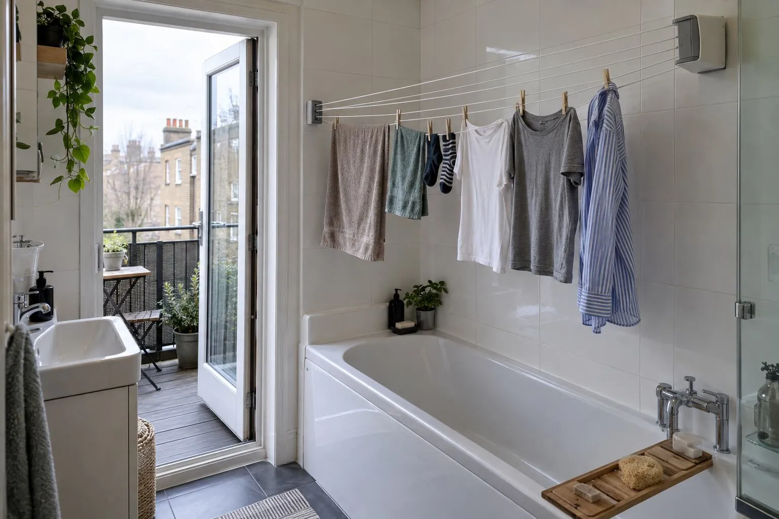 Retractable washing line drying clothes above a bath in a compact UK flat