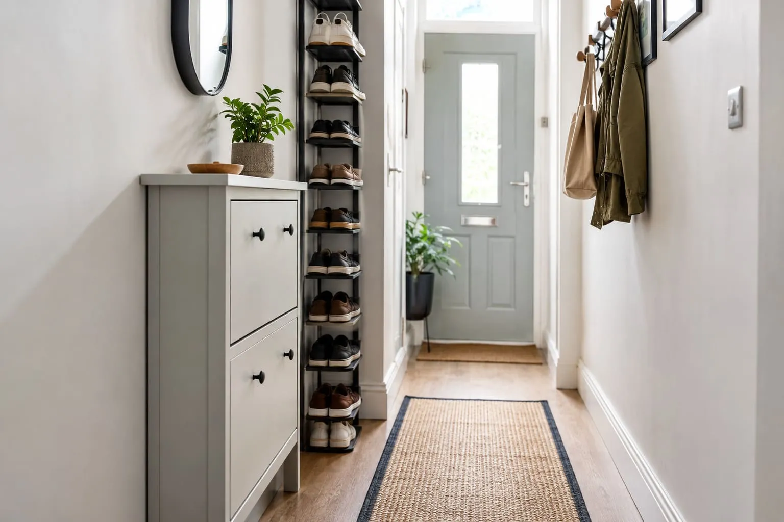 Slim shoe storage cabinets and a narrow rack arranged in a compact UK hallway