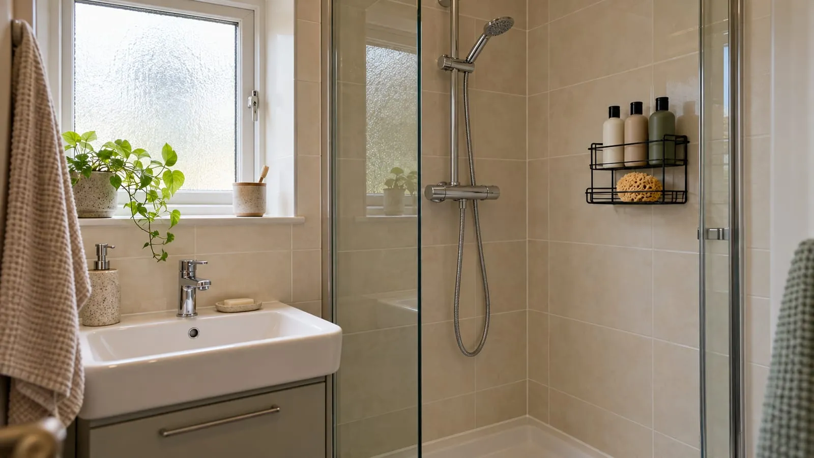 Unbranded black wire shower caddy with plain bottles on cream tiles in a compact bathroom with a basin and glass screen