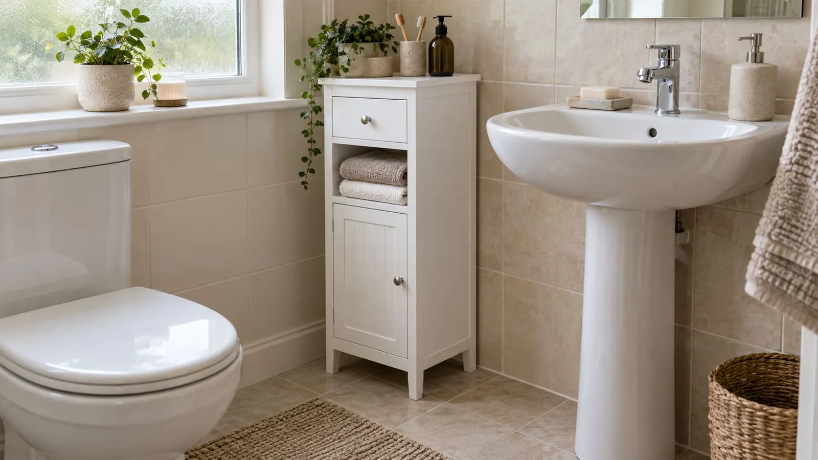 Unbranded slim white cabinet with a drawer, cupboard and folded towels beside a basin in a compact bathroom