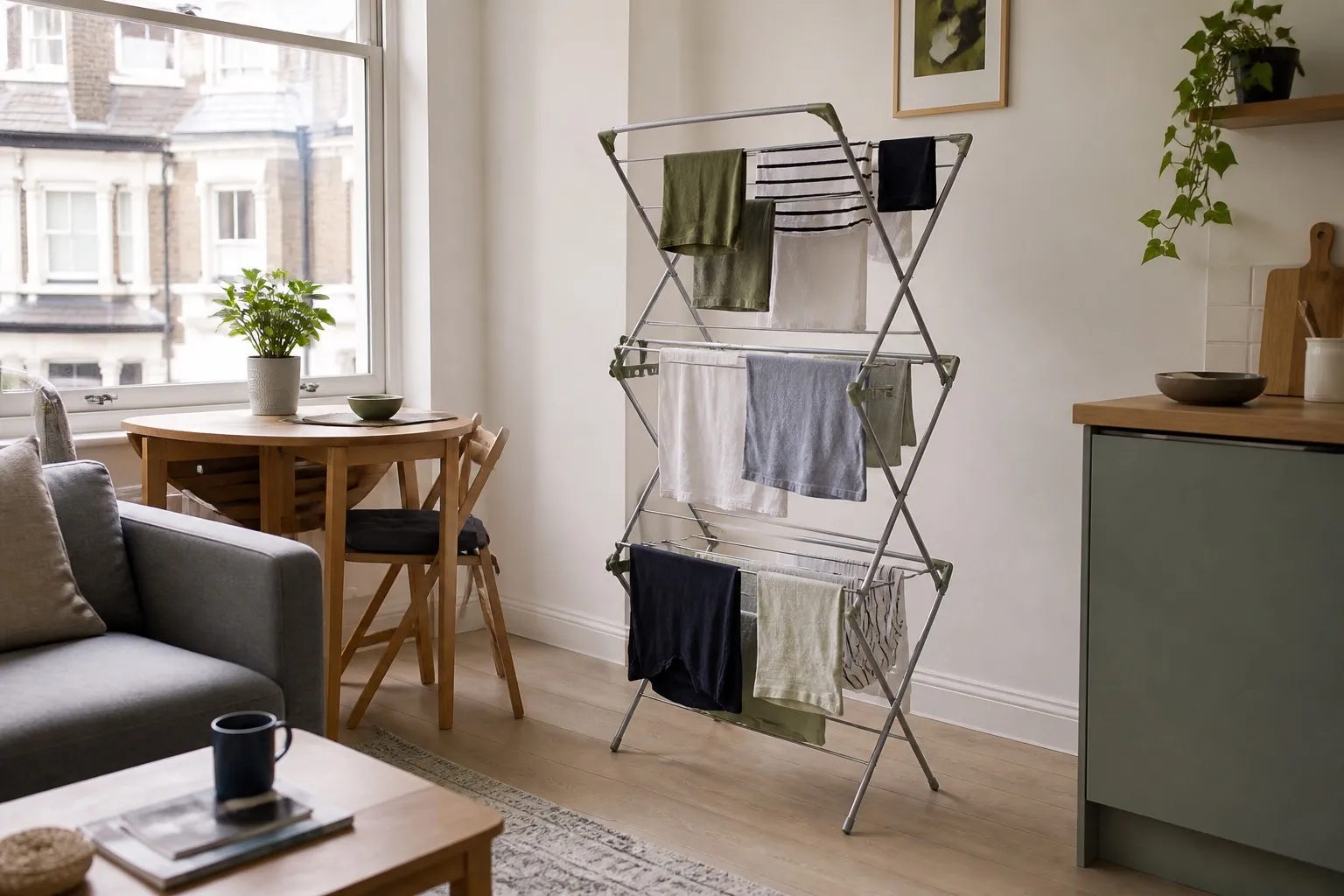 Slim three-tier clothes airer drying laundry in a compact UK flat