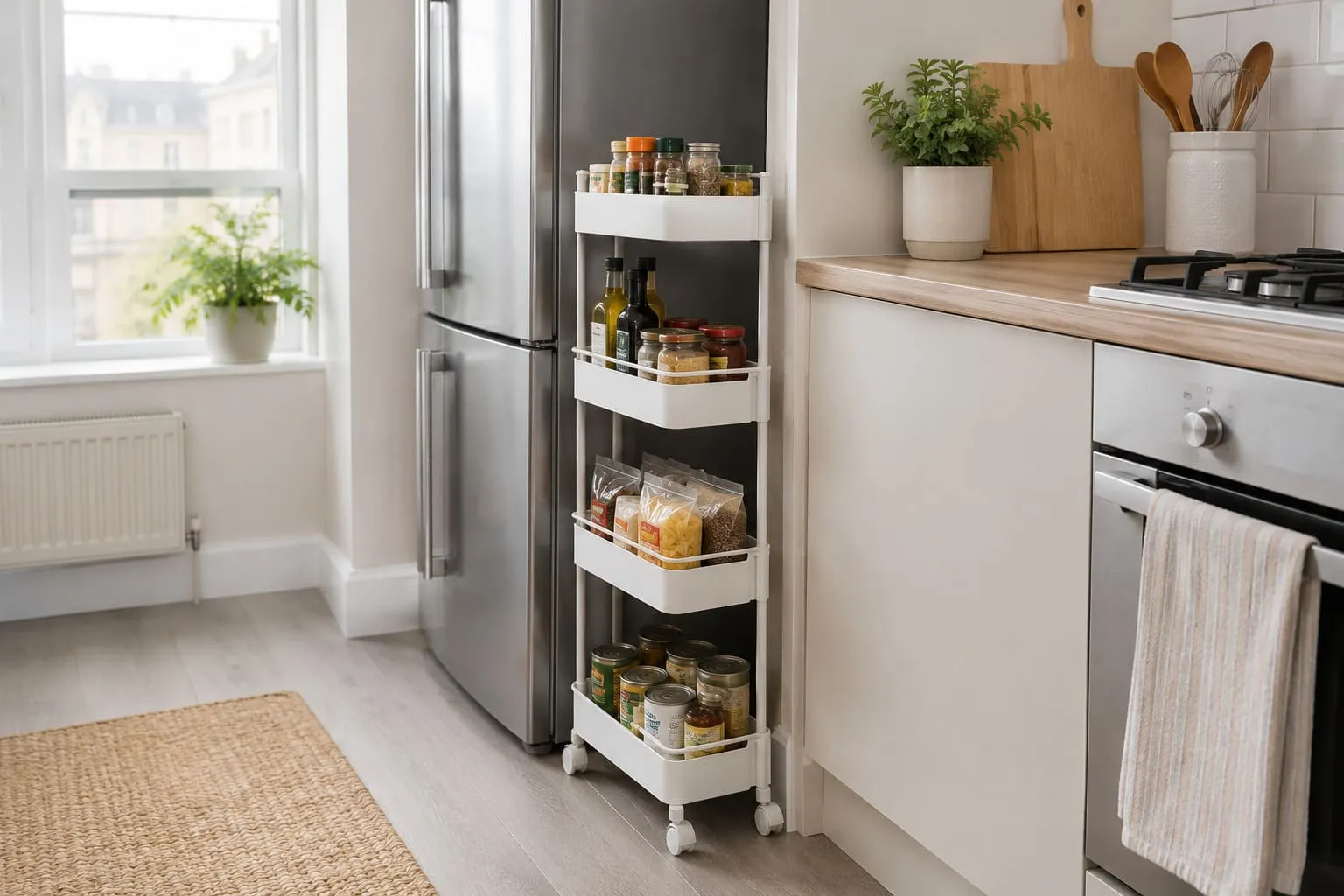 Slim rolling kitchen storage trolley fitted into a narrow gap beside kitchen cabinets