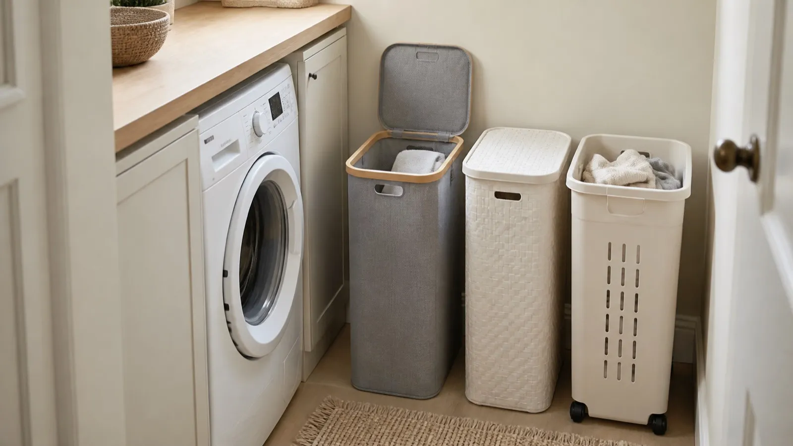 Three slim laundry baskets beside a washing machine in a narrow utility space