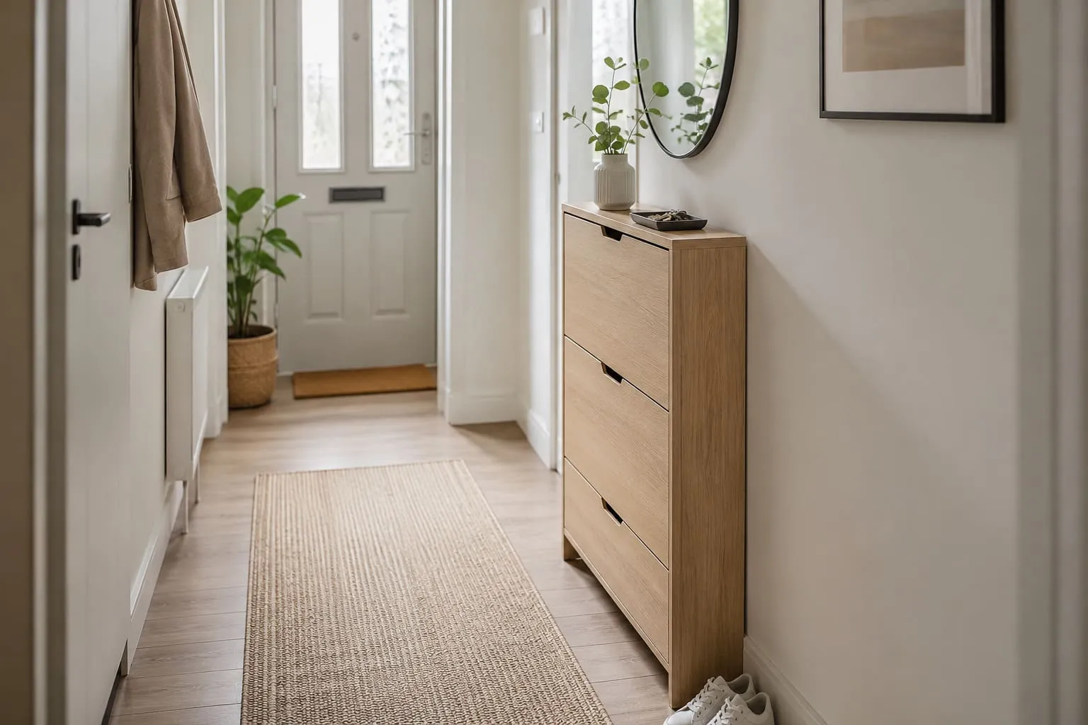 Slim white shoe cabinet against the wall of a narrow UK hallway