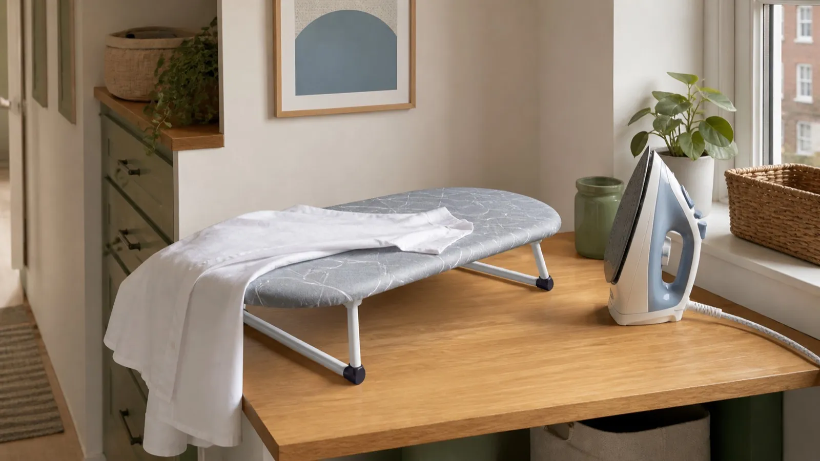 Compact tabletop ironing board on a wooden worktop in a small UK flat
