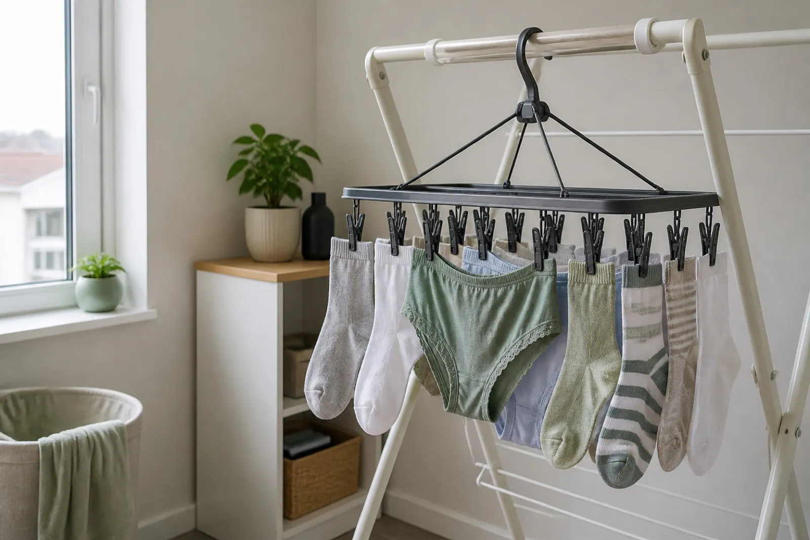 Hanging sock and underwear dryer in a compact UK flat laundry area