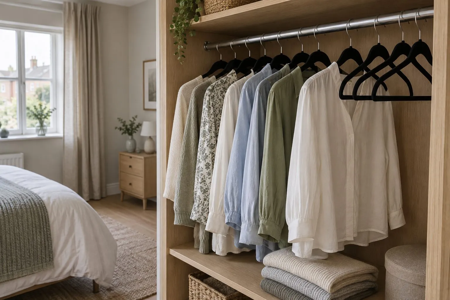 Slim black hangers holding neutral shirts inside an oak wardrobe in a compact bedroom