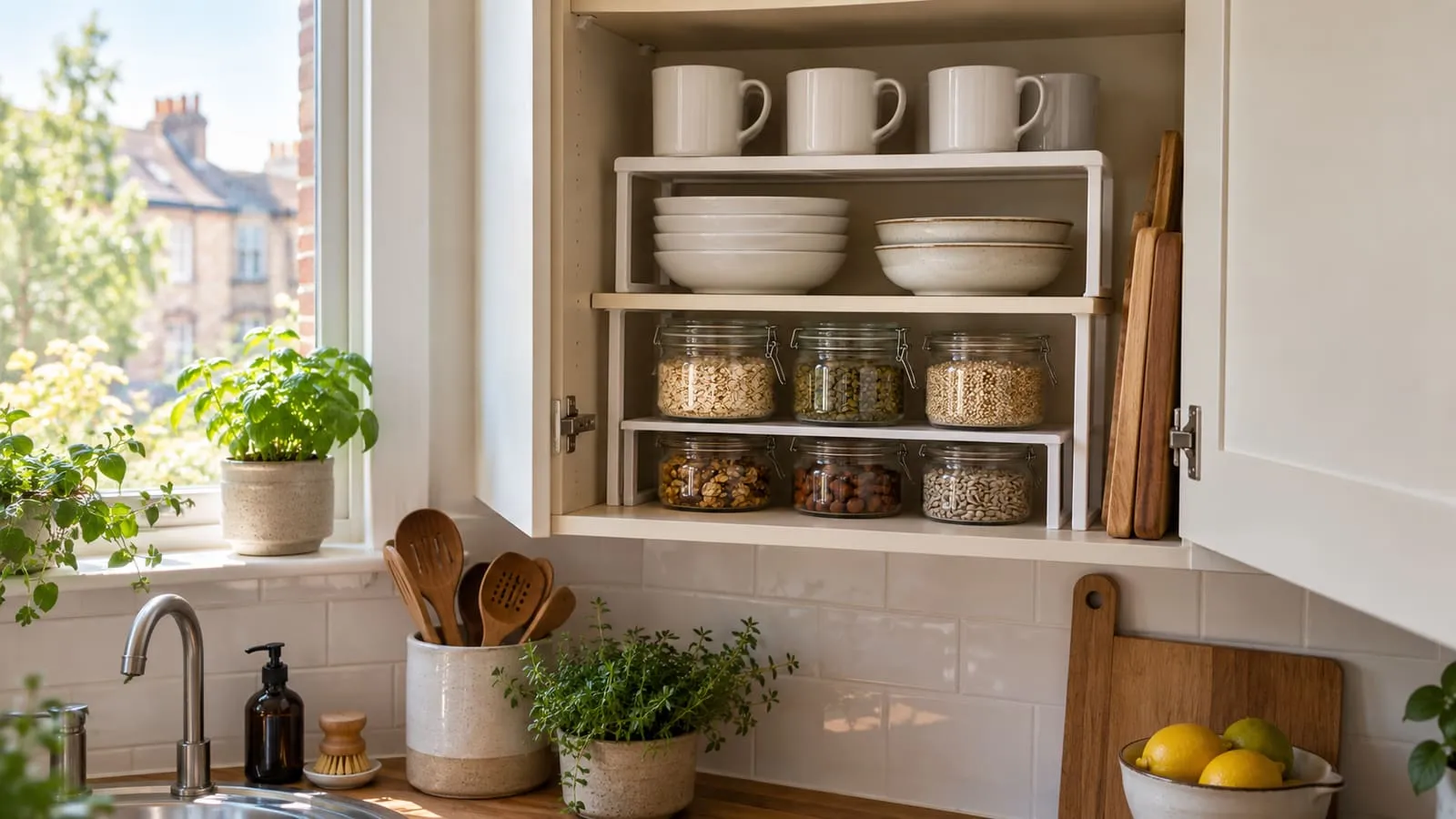 Unbranded shelf risers separating mugs, bowls and jars in a compact kitchen cupboard