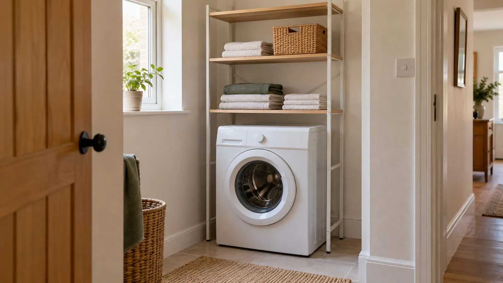 Independent white shelving with folded towels and a woven basket above an unbranded front-loading washing machine in a naturally lit compact utility alcove