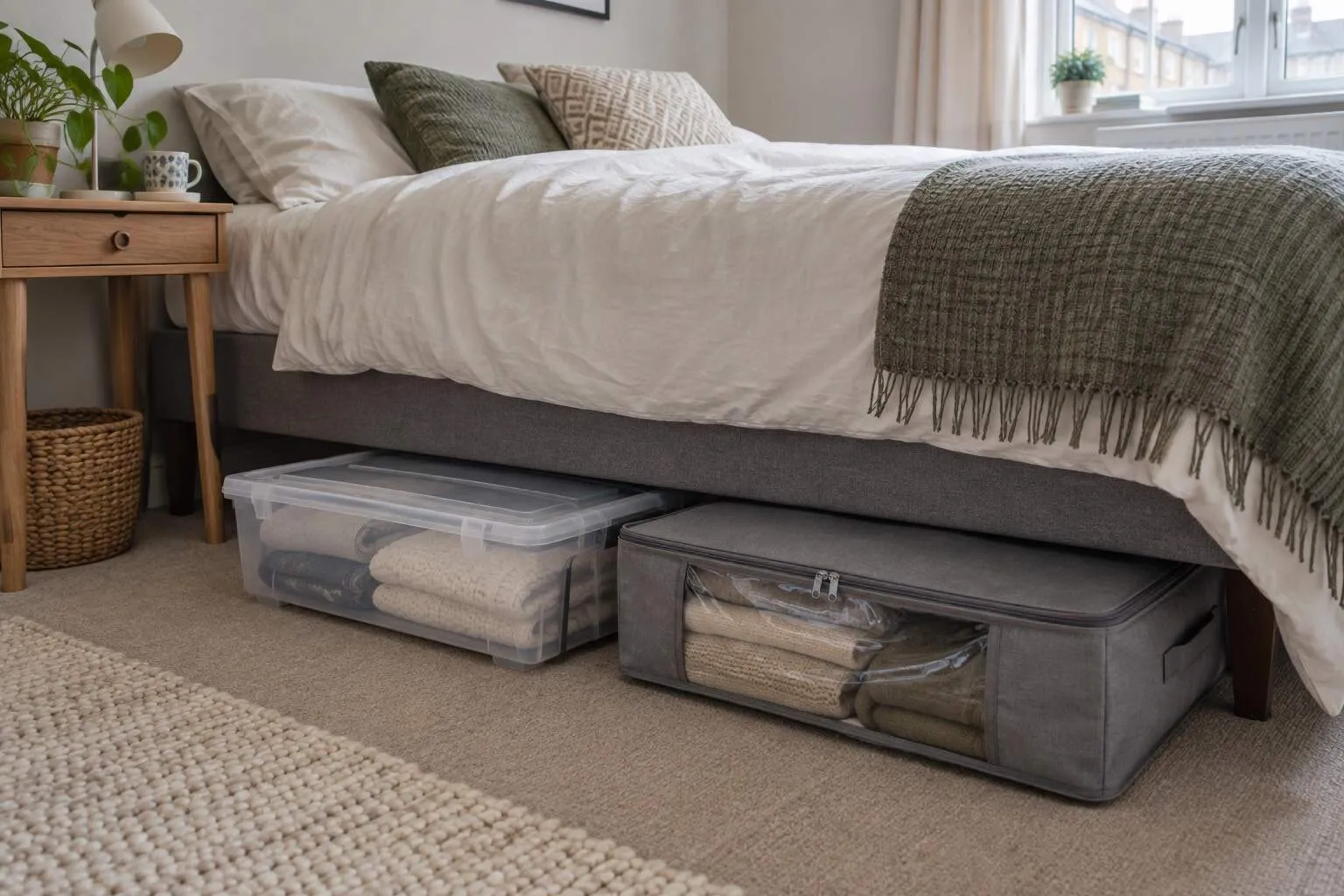 Rigid and fabric under-bed storage boxes in a compact UK bedroom