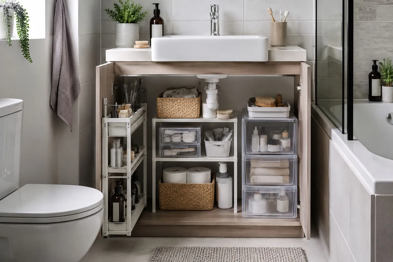 Compact under-sink bathroom organisers fitted around basin pipework in a small UK bathroom