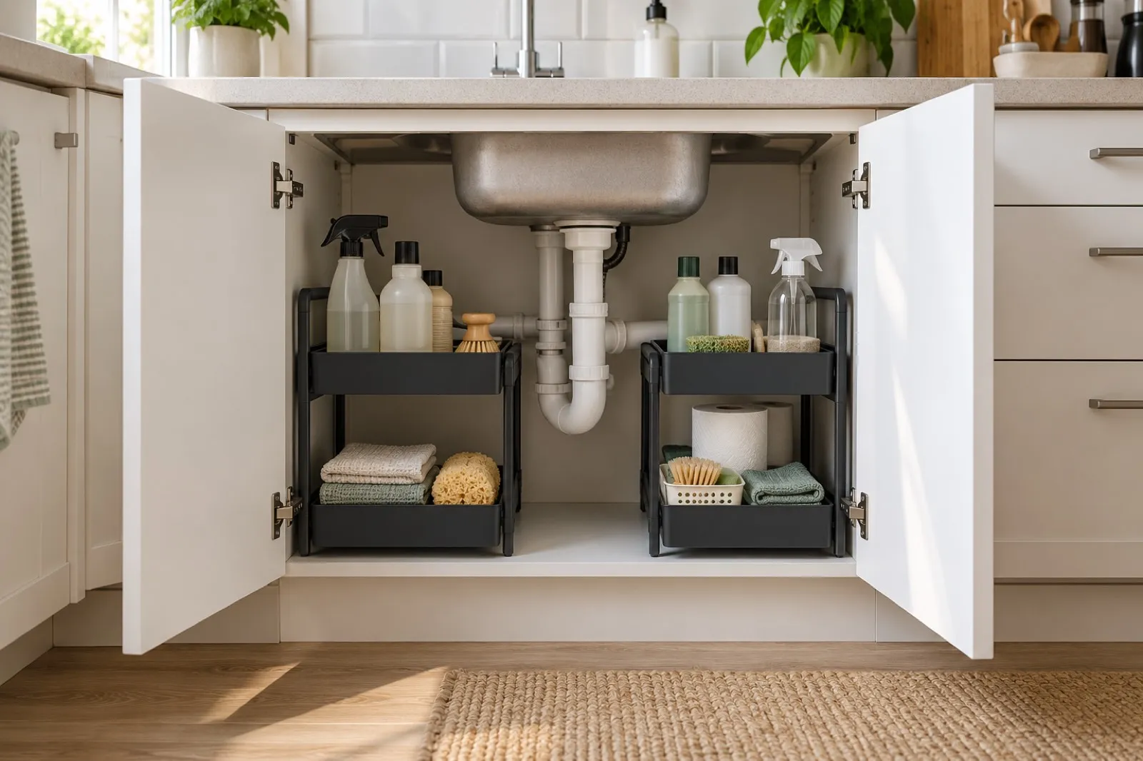 Pipe-friendly under-sink organisers in a compact UK kitchen cupboard