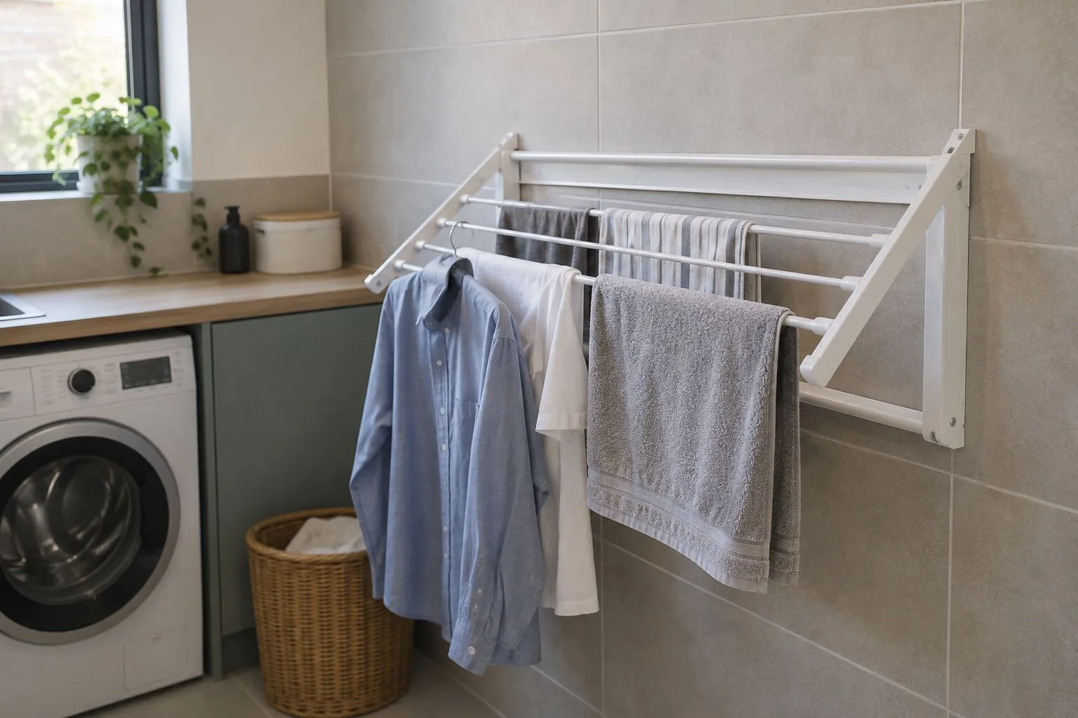 White wall-mounted clothes airer holding laundry in a compact utility room