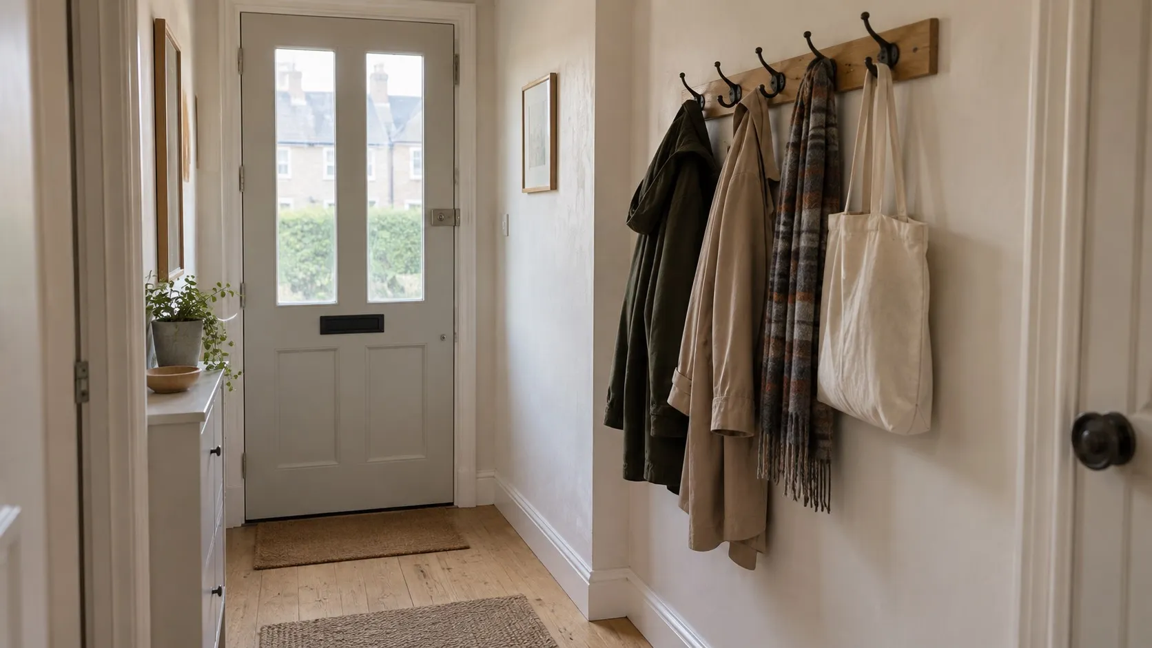 Wooden wall-mounted coat rack in a narrow, tidy UK entryway