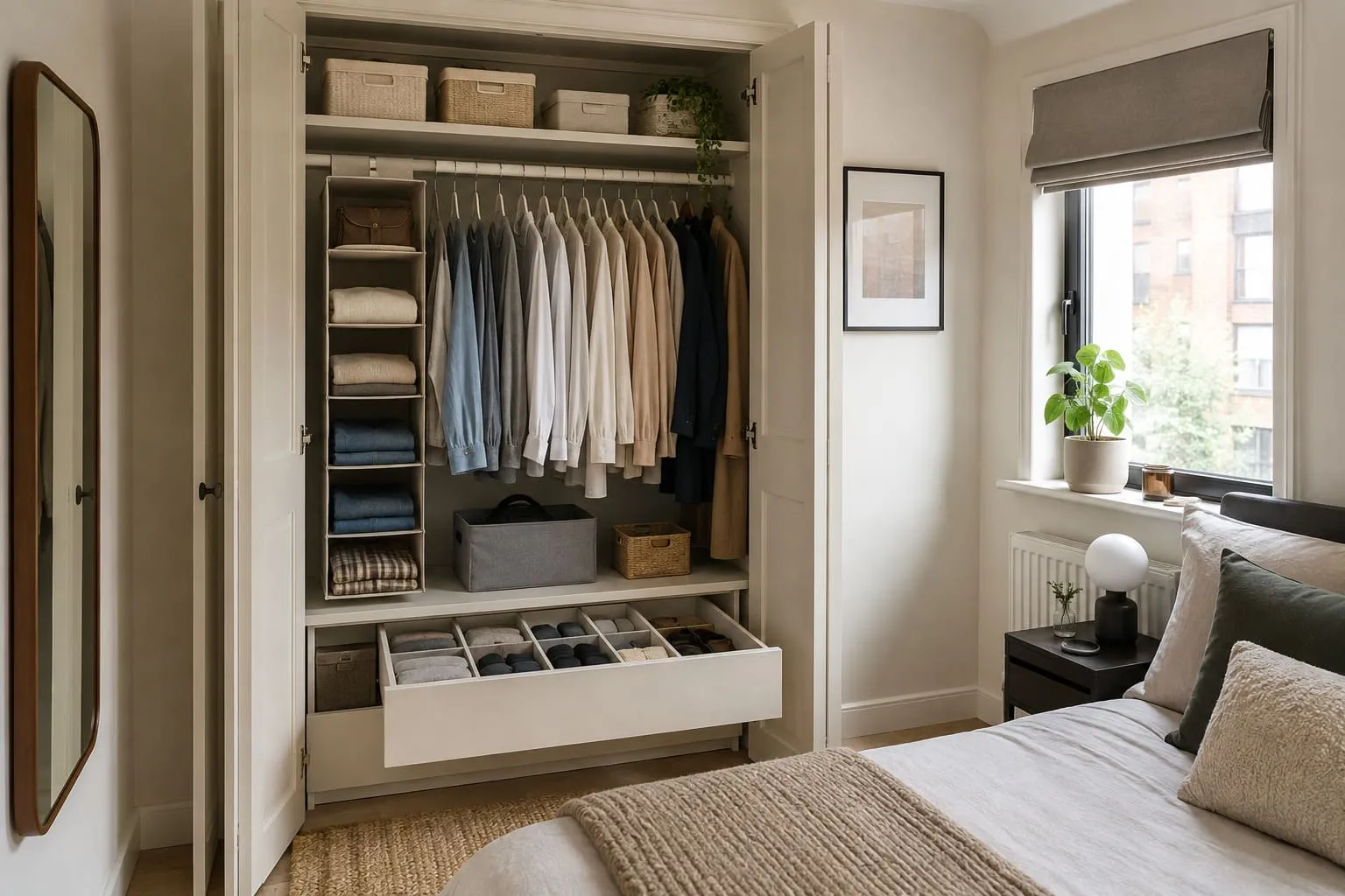 Organised small bedroom wardrobe with hanging shelves, slim hangers and folded clothes