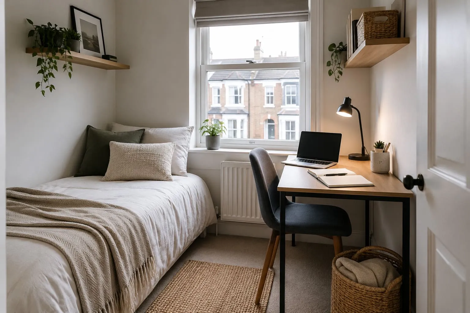 Compact desk fitted beside a bed in a small UK bedroom