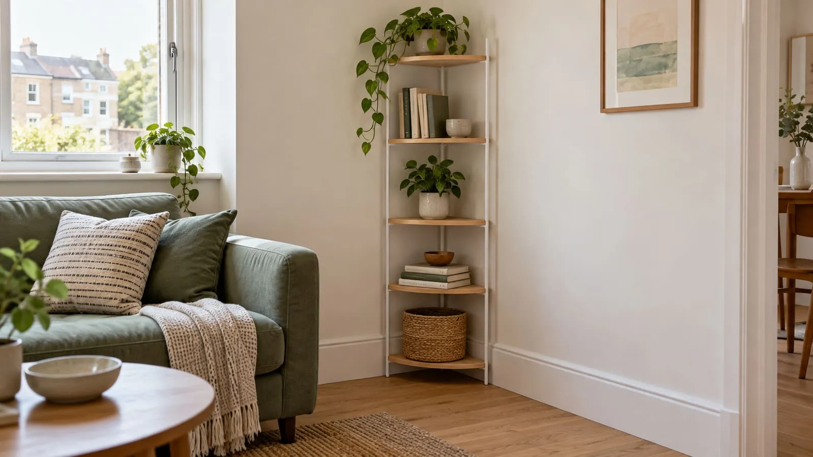 A pale wood corner shelf beside a sage green sofa in a compact British living room with soft natural daylight