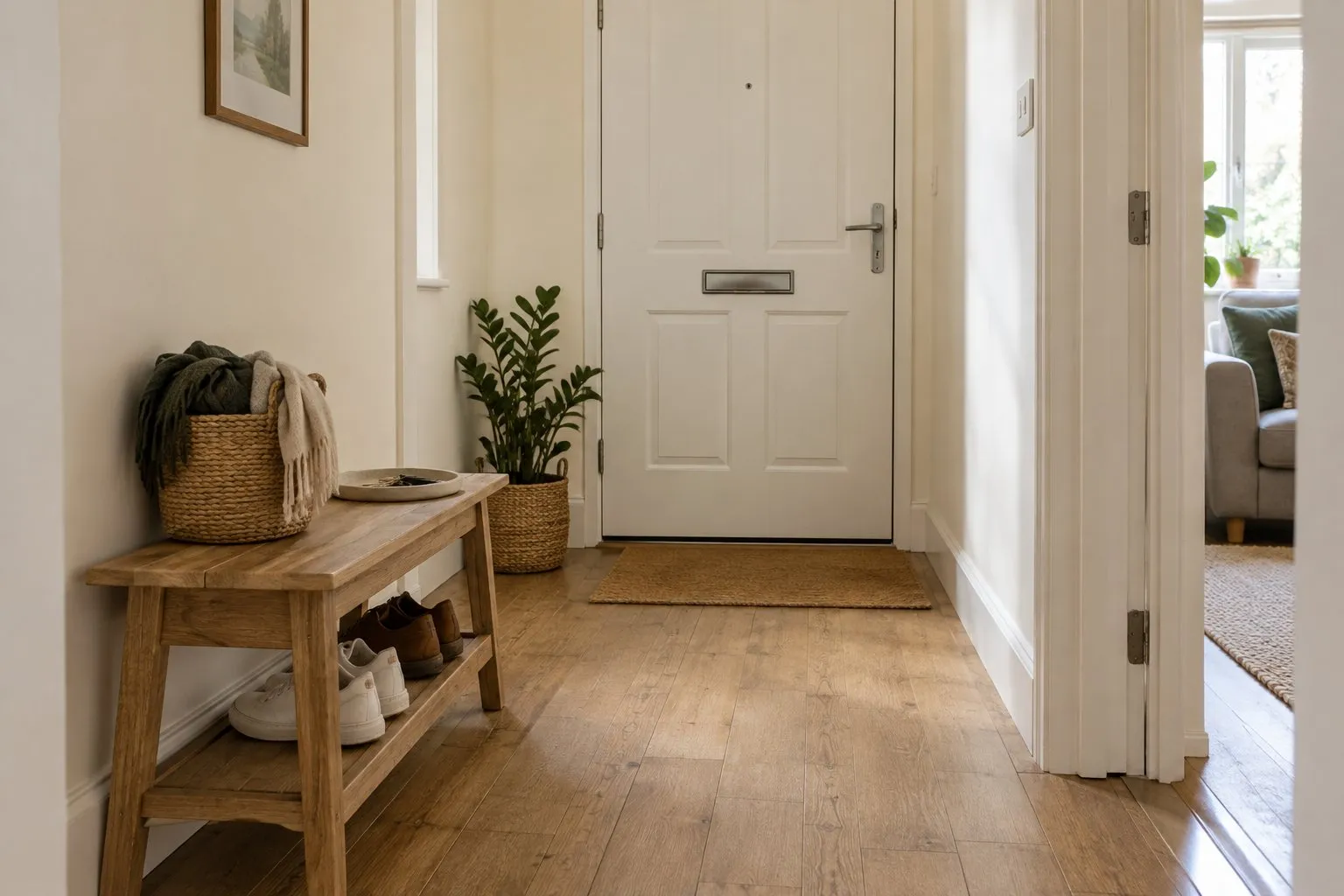 Low wooden shoe bench with a scarf basket and key tray in a compact hallway with a clear walking route
