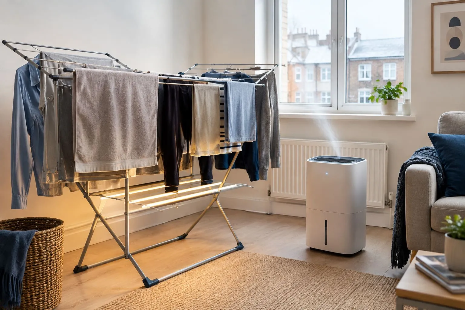 Heated airer beside a dehumidifier drying clothes indoors in a small UK flat