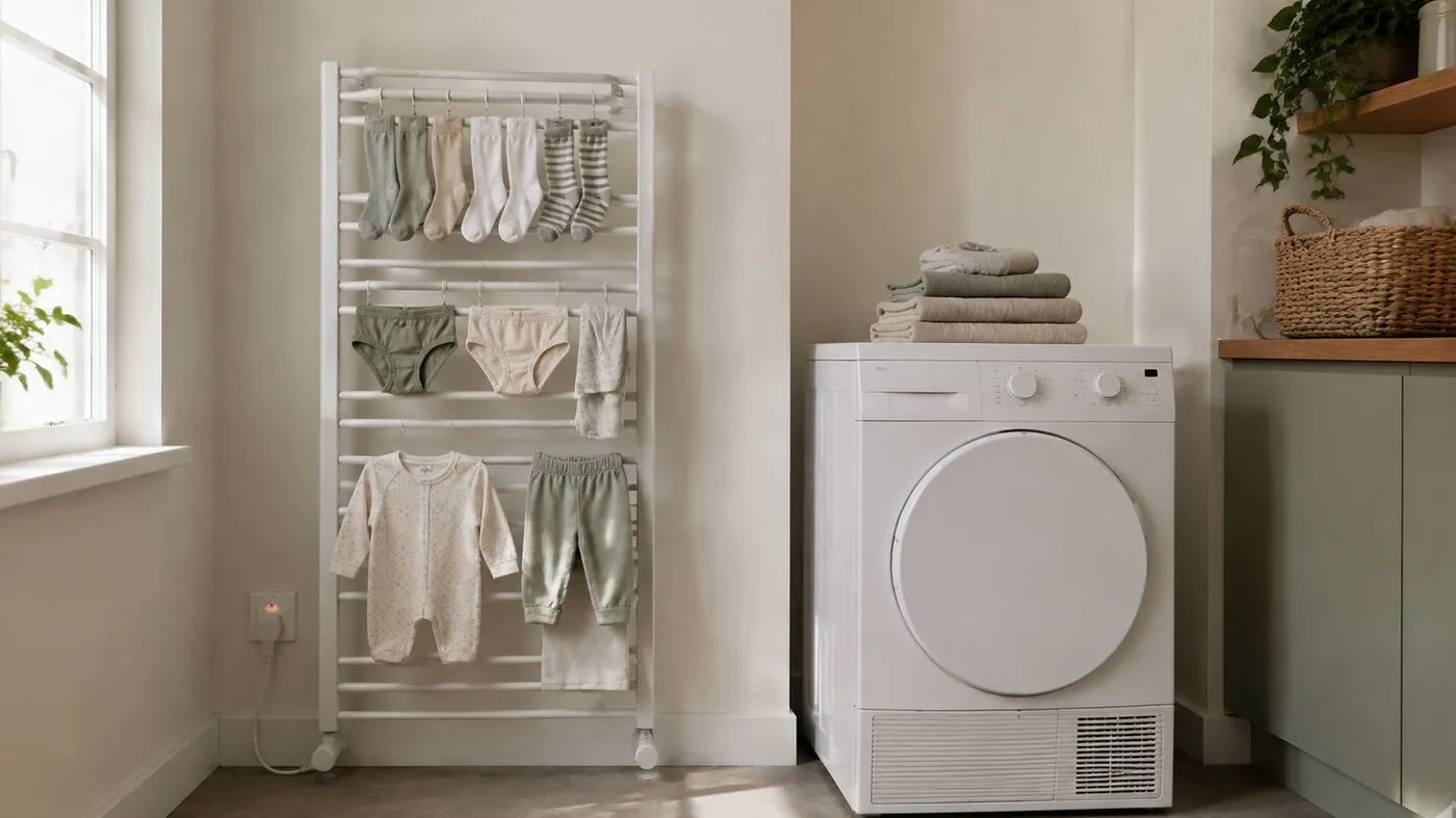 Heated clothes airer beside an unbranded tumble dryer in a compact UK flat