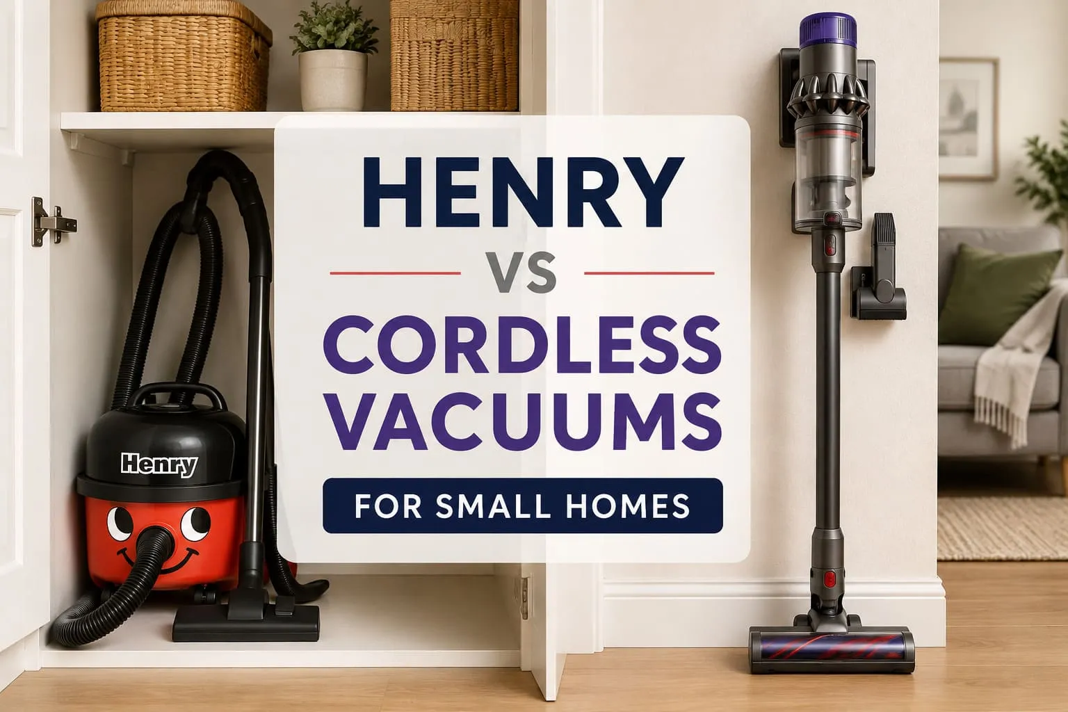 Compact Henry cylinder vacuum beside a cordless vacuum in a small home