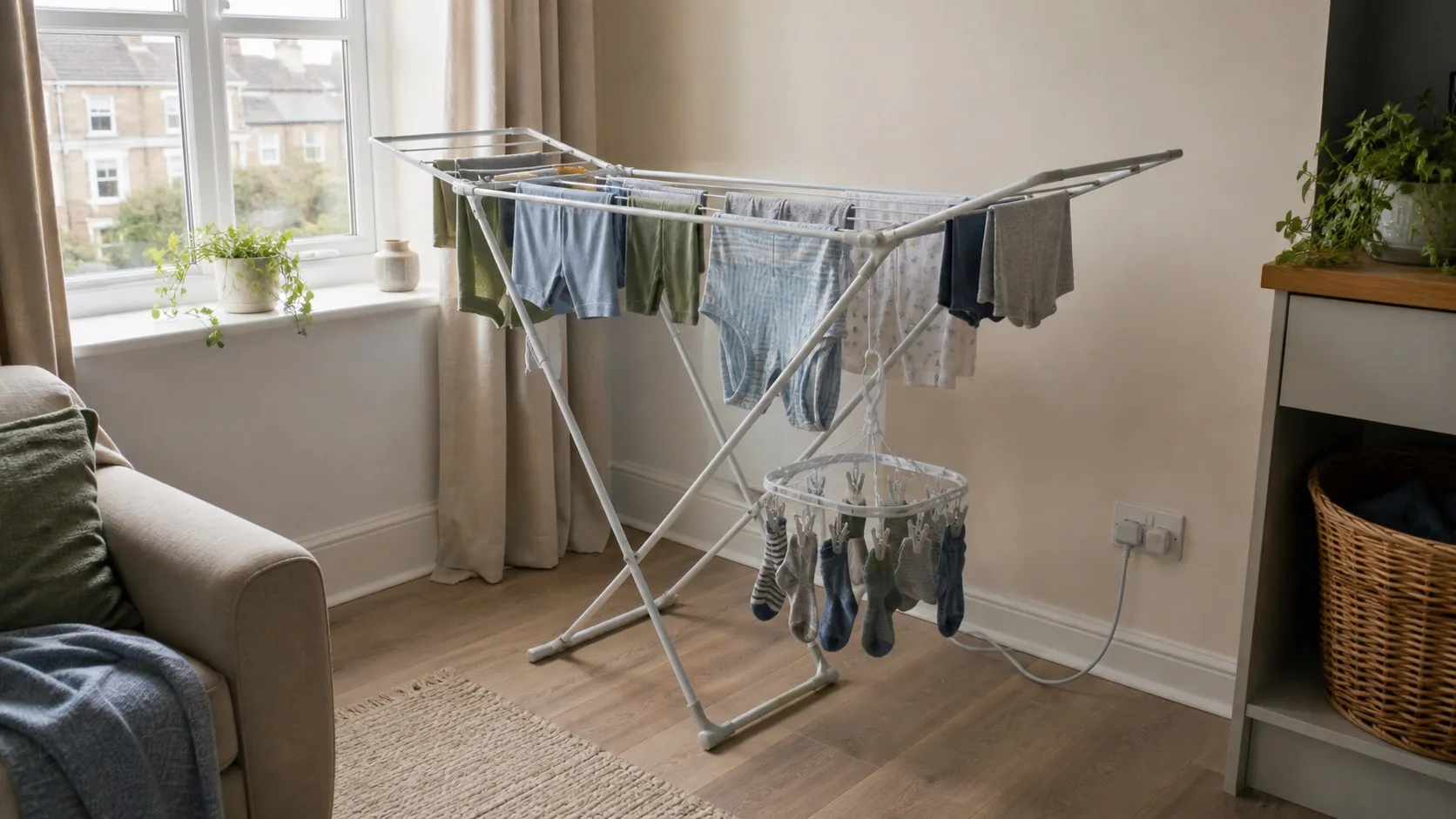 Sock drying hanger and small garments arranged on a heated airer in a compact UK flat