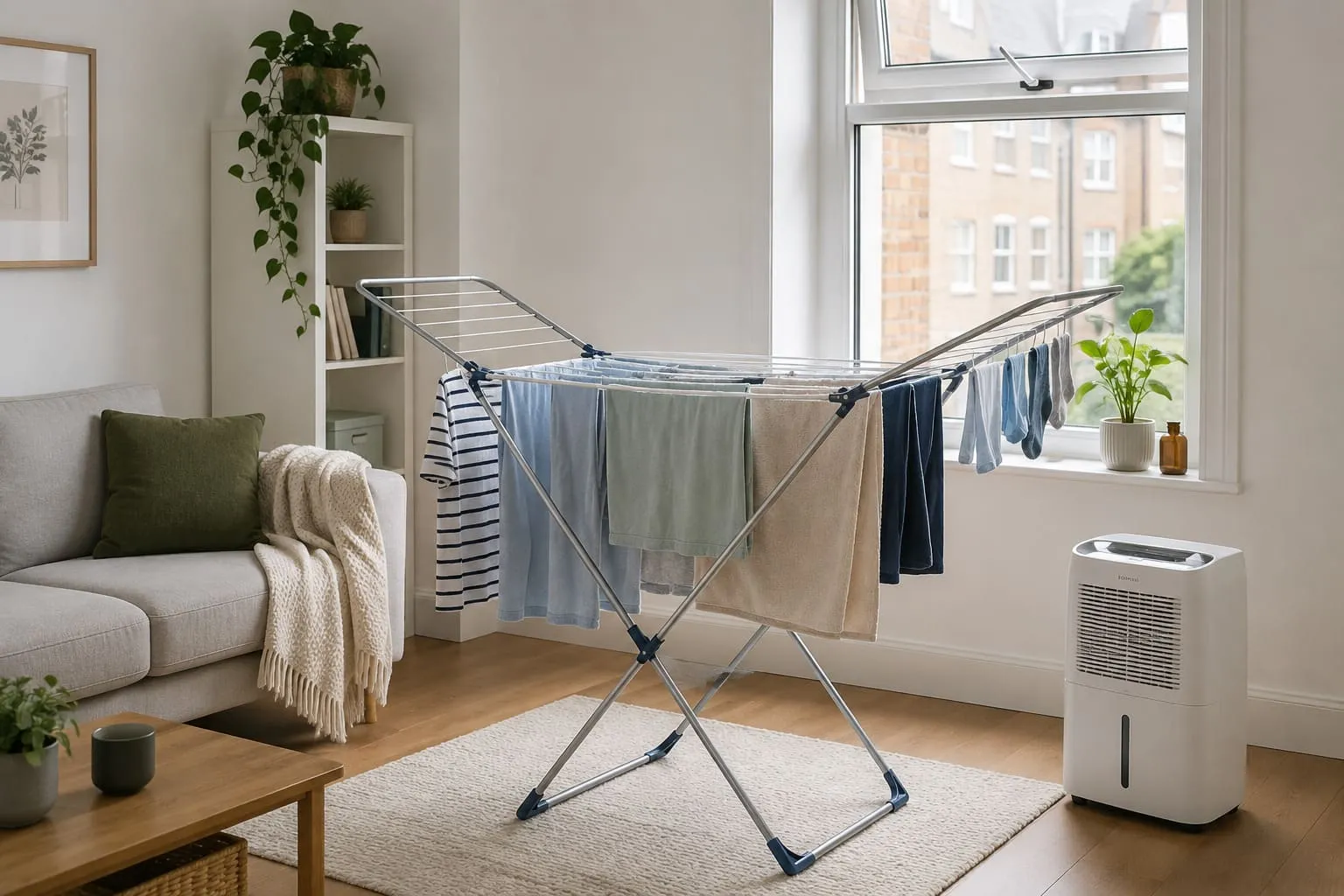 Clothes drying on a folding airer in a small UK flat