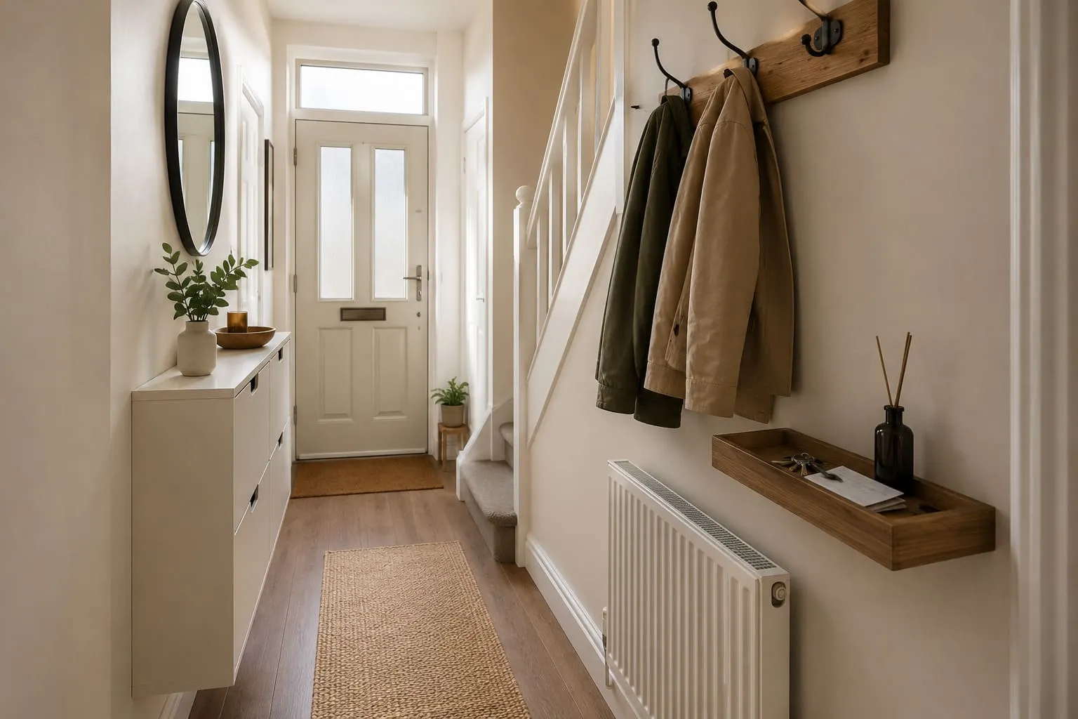 Narrow UK hallway organised with coats, wall hooks and a slim shoe cabinet
