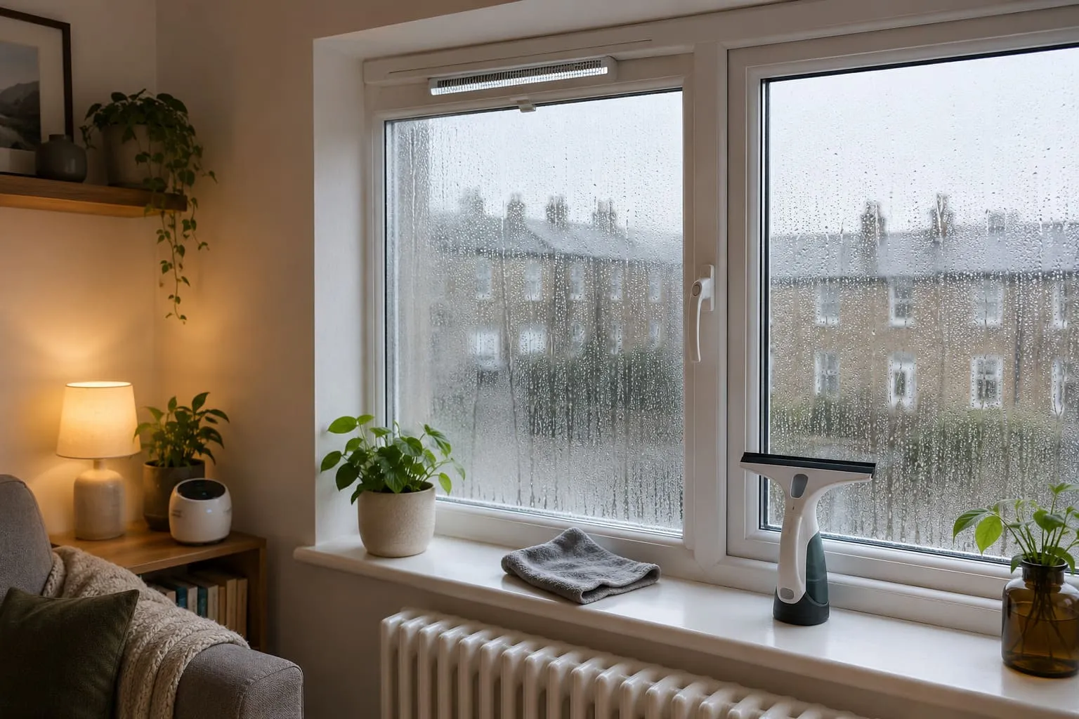 Condensation collecting on the inside of a UK flat window in winter