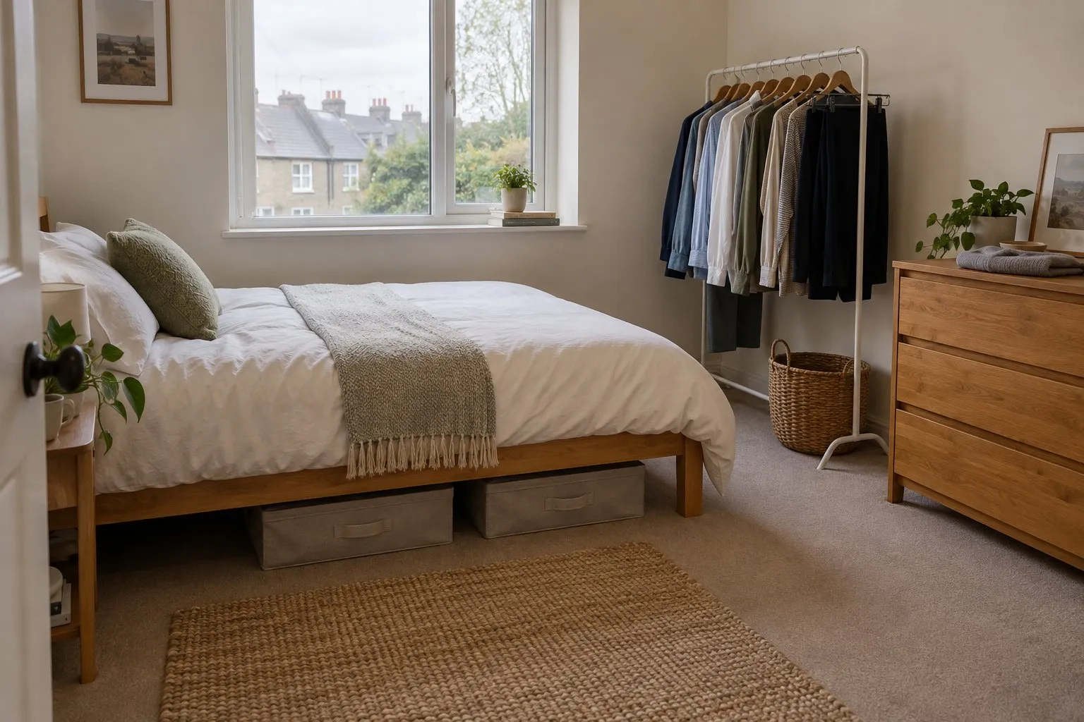 Compact bedroom with a freestanding clothes rail, wooden drawers and fabric storage boxes beneath the bed