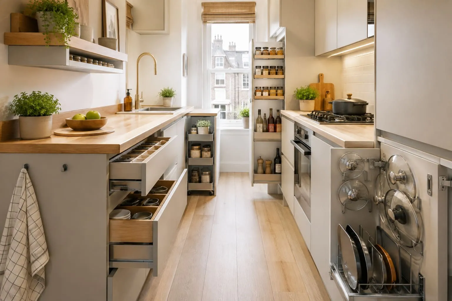 Narrow galley kitchen with organised cupboards, drawers and a slim storage trolley